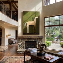 Pale Horse Holds Figure - white horse and figure painting by Isabelle Laurent, modern Western vertical wall art – styled room scene view 1