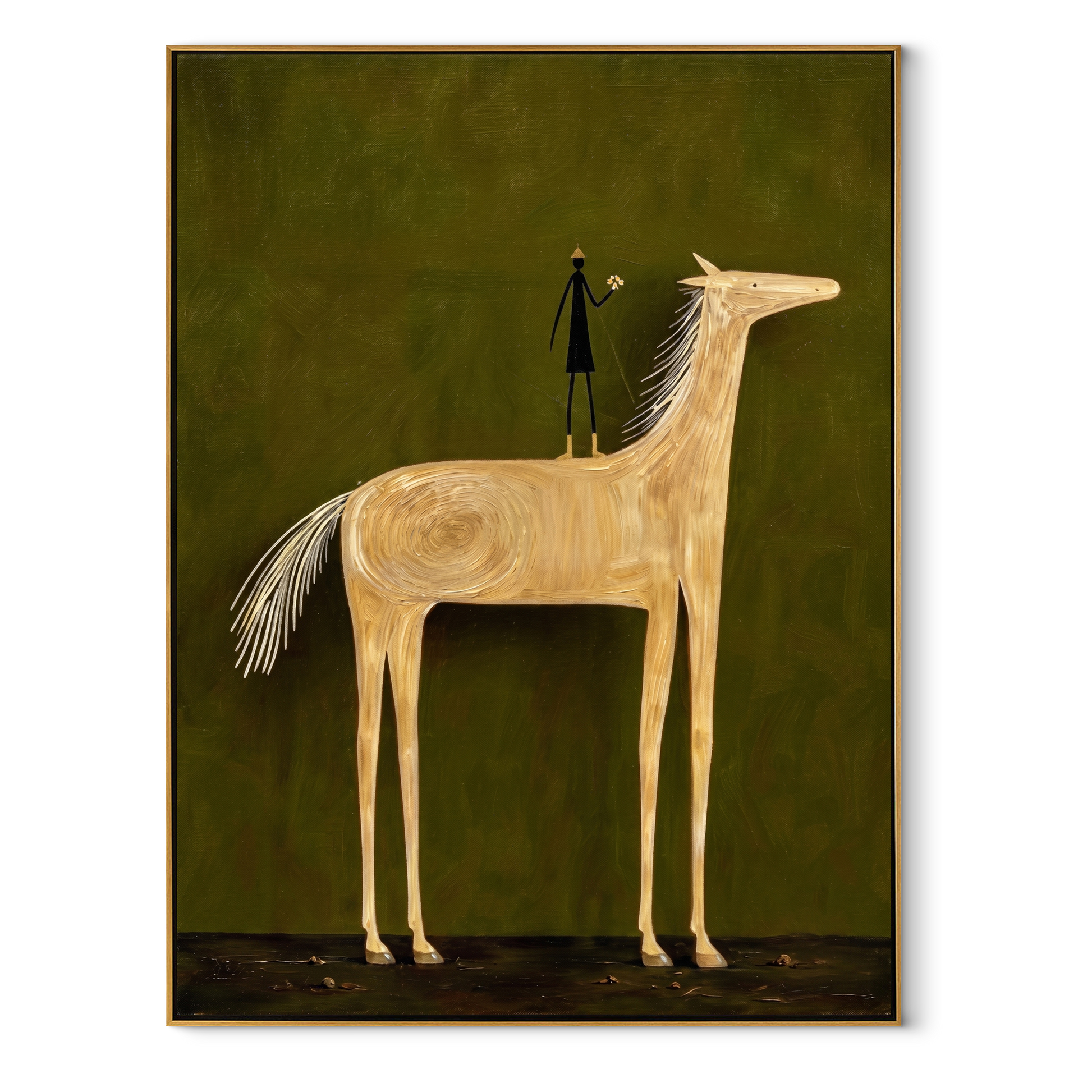 Pale Horse Holds Figure - white horse and figure painting by Isabelle Laurent, modern Western vertical wall art – wood frame on white background