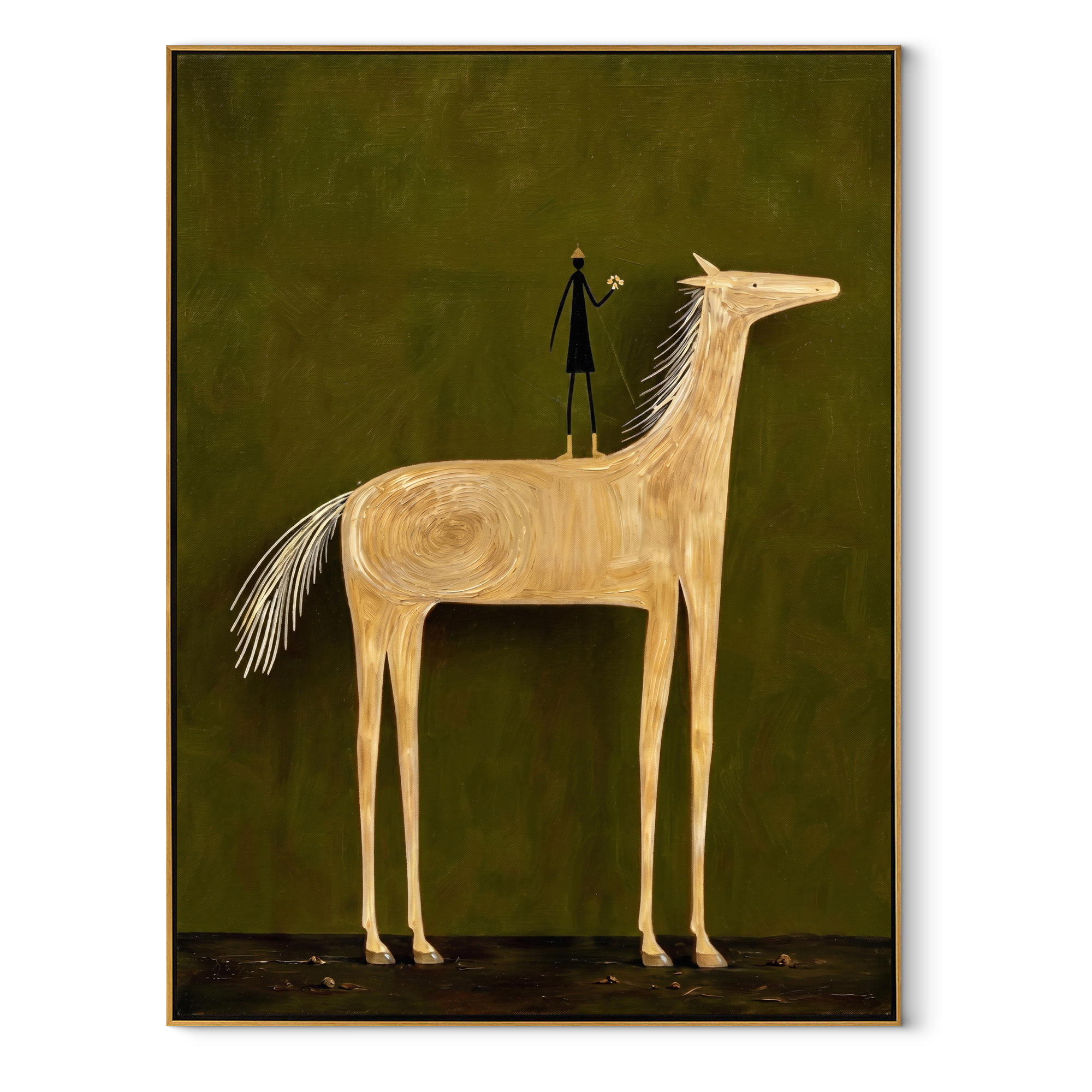 Pale Horse Holds Figure - white horse and figure painting by Isabelle Laurent, modern Western vertical wall art – wood frame on white background