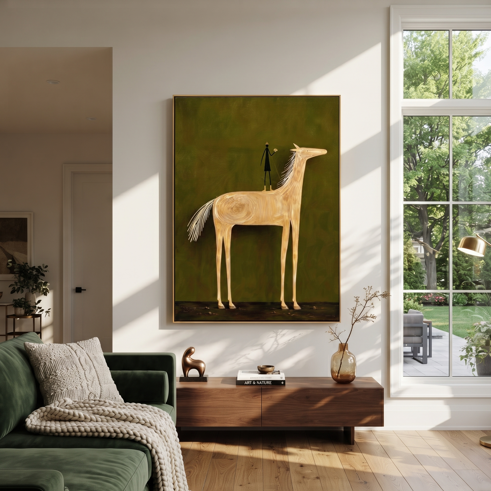Pale Horse Holds Figure - white horse and figure painting by Isabelle Laurent, modern Western vertical wall art – styled room scene view 2