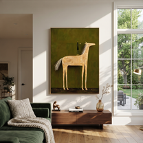 Pale Horse Holds Figure - white horse and figure painting by Isabelle Laurent, modern Western vertical wall art – styled room scene view 2