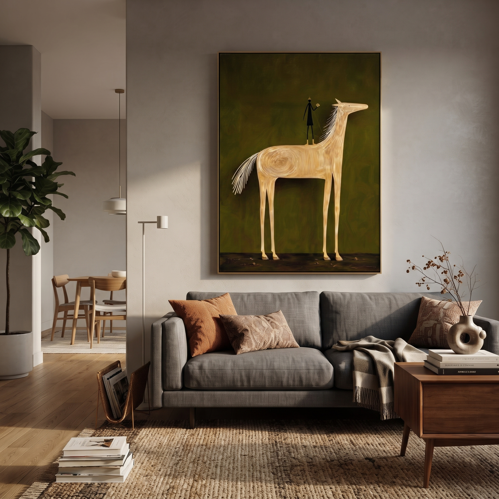 Pale Horse Holds Figure - white horse and figure painting by Isabelle Laurent, modern Western vertical wall art – styled room scene view 3