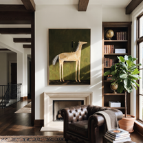Pale Horse Holds Figure - white horse and figure painting by Isabelle Laurent, modern Western vertical wall art – styled room scene view 4