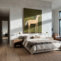 Pale Horse Holds Figure - white horse and figure painting by Isabelle Laurent, modern Western vertical wall art – styled room scene view 5