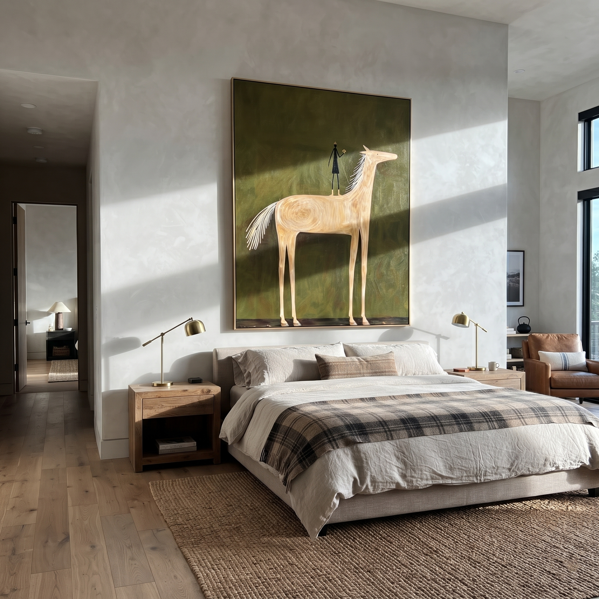 Pale Horse Holds Figure - white horse and figure painting by Isabelle Laurent, modern Western vertical wall art – styled room scene view 5