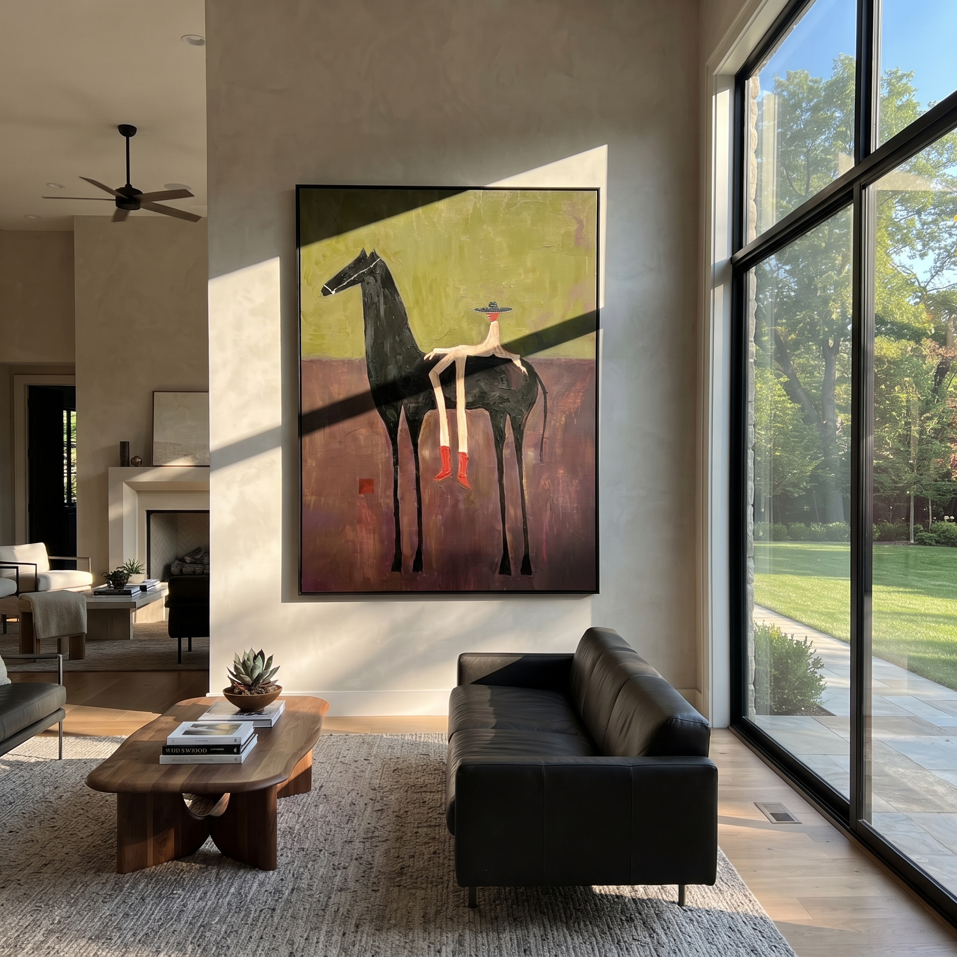 Red Boots Rest Black - black horse rider painting by Isabelle Laurent, modern Western vertical wall art – styled room scene view 1