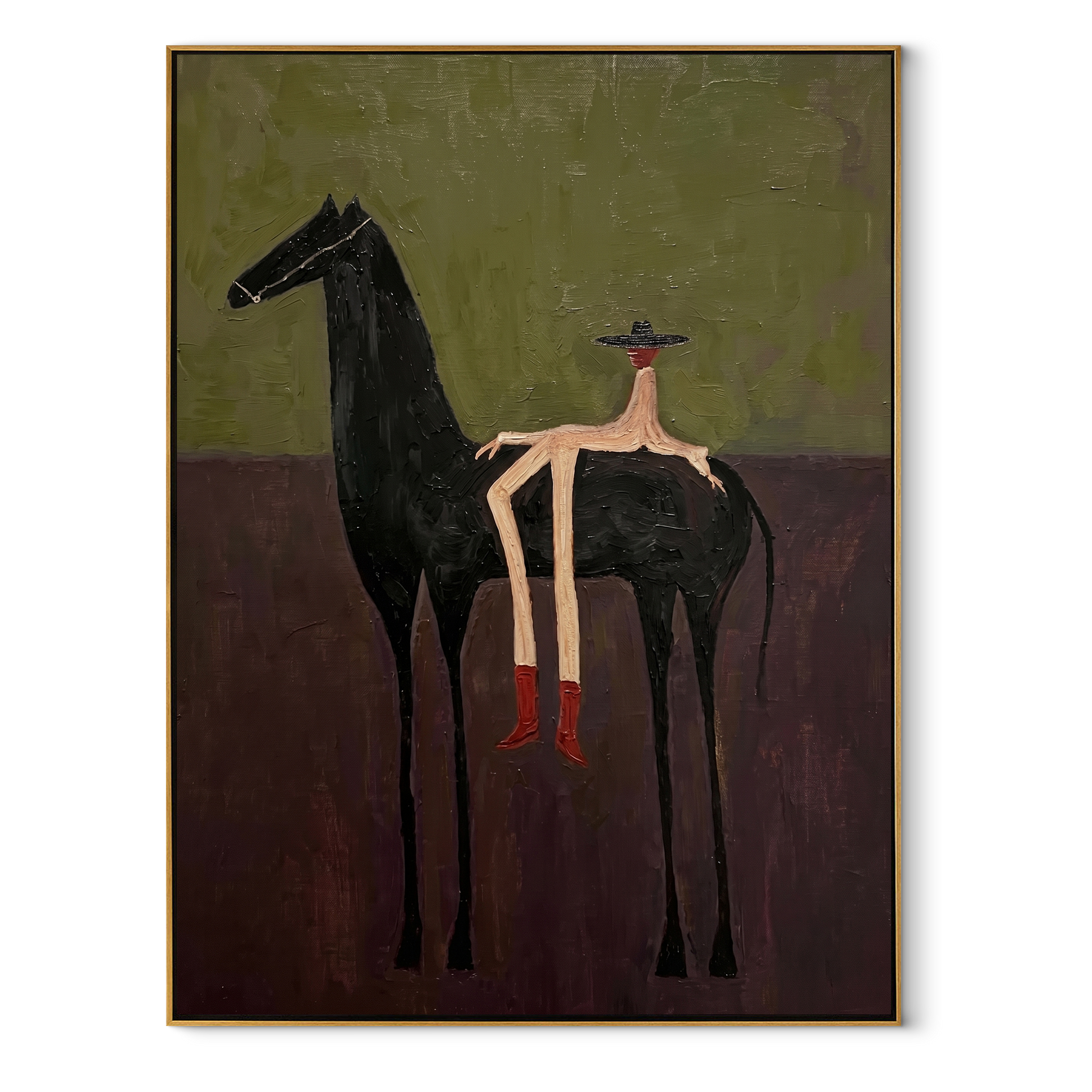 Red Boots Rest Black - black horse rider painting by Isabelle Laurent, modern Western vertical wall art – wood frame on white background