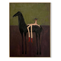 Red Boots Rest Black - black horse rider painting by Isabelle Laurent, modern Western vertical wall art – wood frame on white background