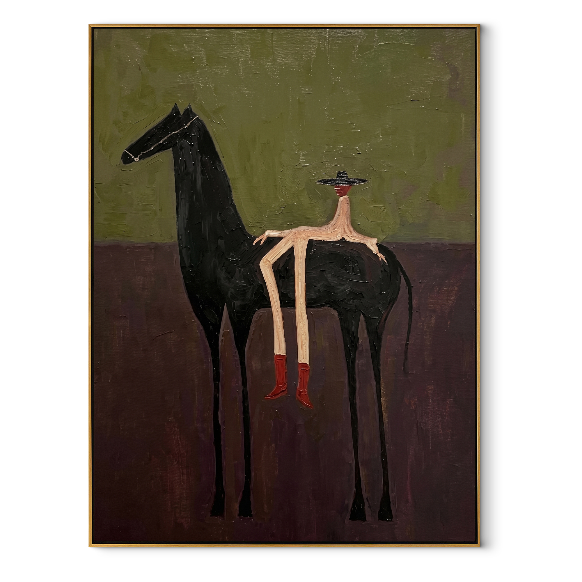Red Boots Rest Black - black horse rider painting by Isabelle Laurent, modern Western vertical wall art – wood frame on white background