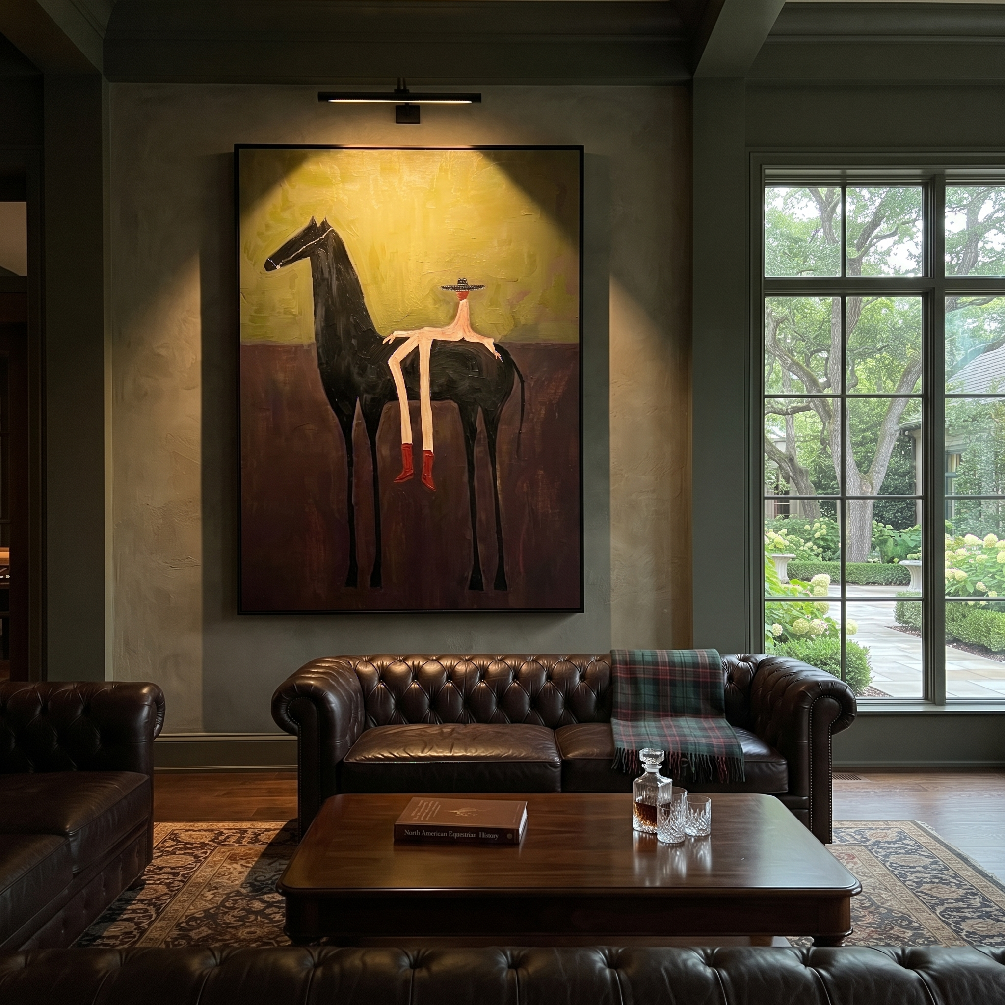 Red Boots Rest Black - black horse rider painting by Isabelle Laurent, modern Western vertical wall art – styled room scene view 2