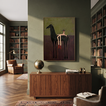 Red Boots Rest Black - black horse rider painting by Isabelle Laurent, modern Western vertical wall art – styled room scene view 3