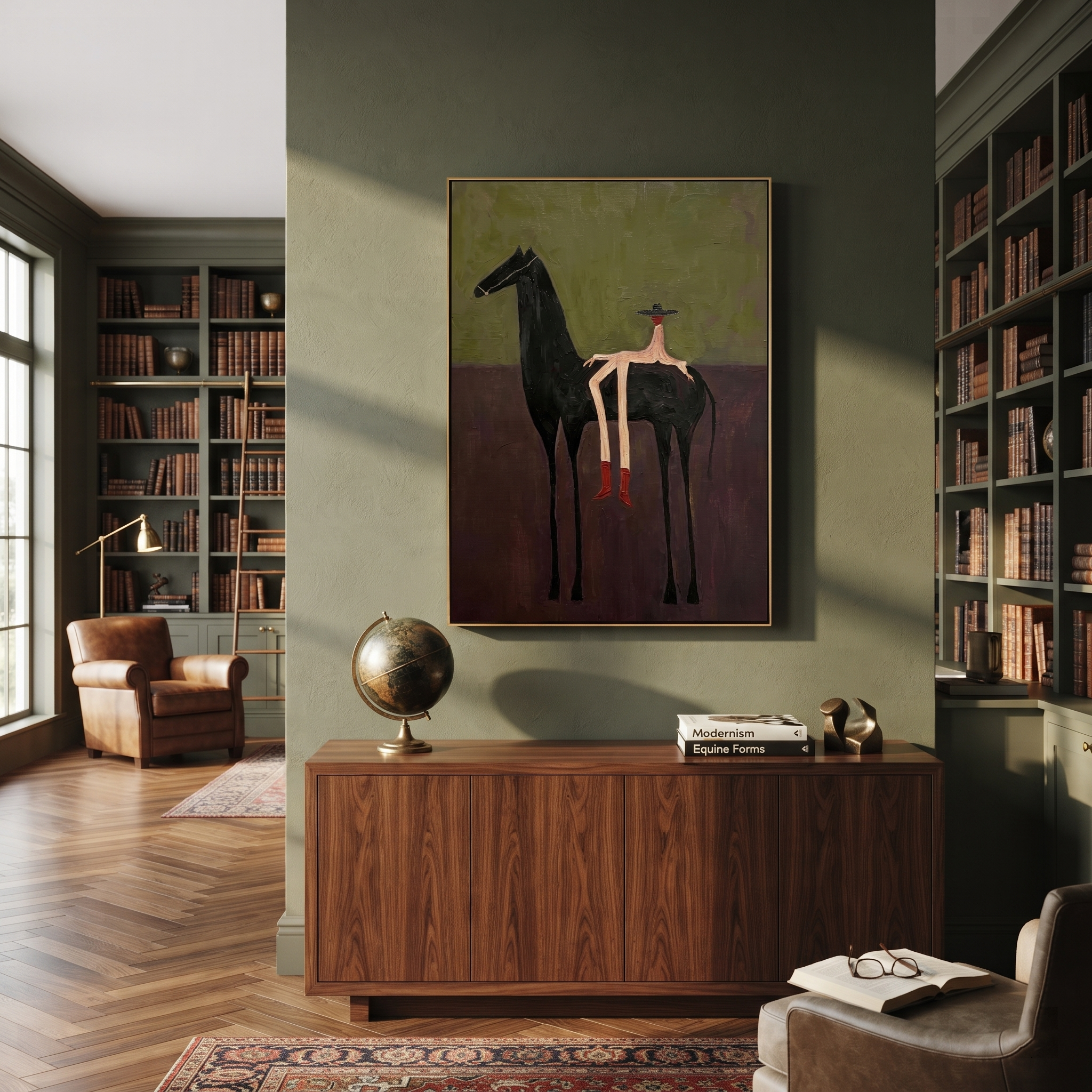 Red Boots Rest Black - black horse rider painting by Isabelle Laurent, modern Western vertical wall art – styled room scene view 3