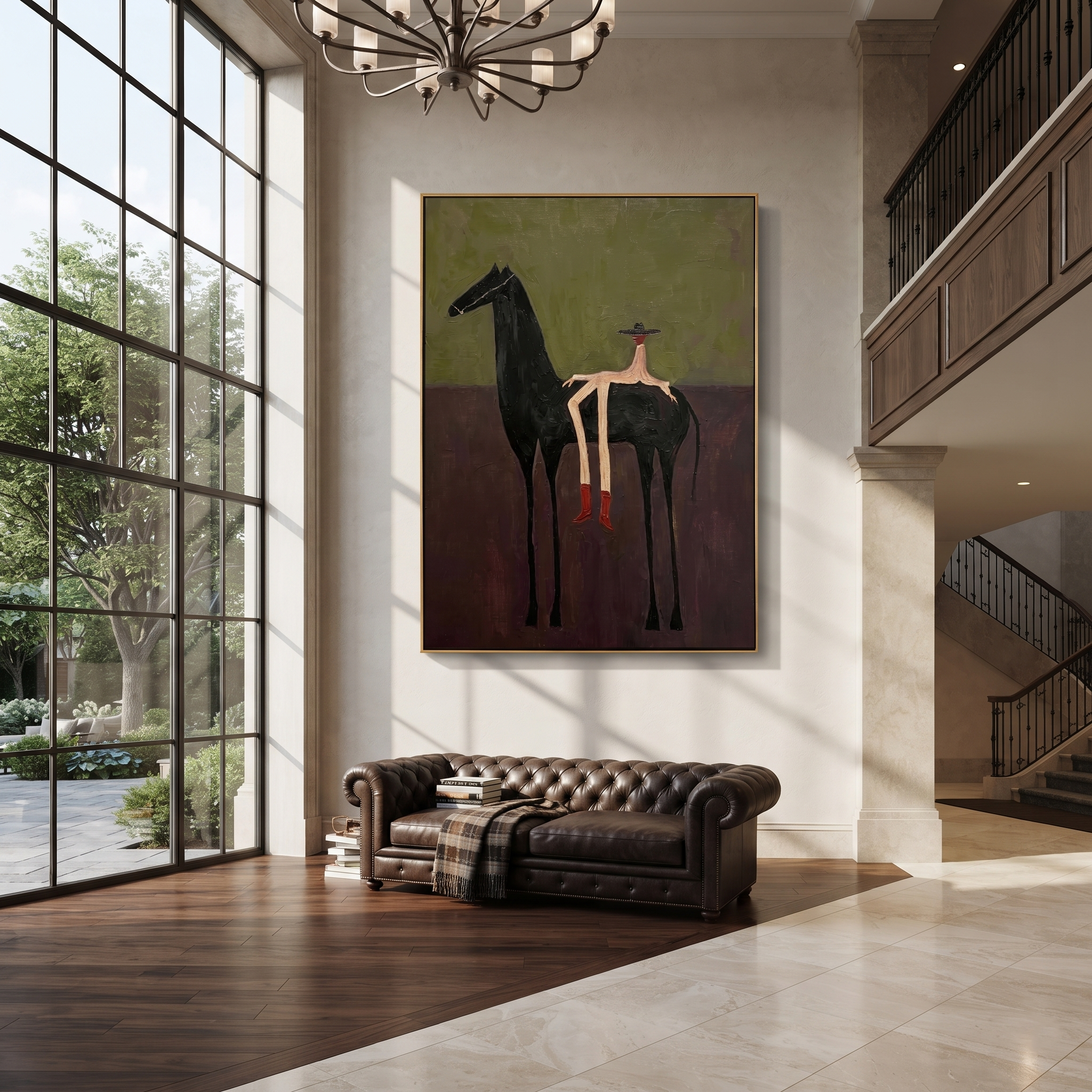 Red Boots Rest Black - black horse rider painting by Isabelle Laurent, modern Western vertical wall art – styled room scene view 5