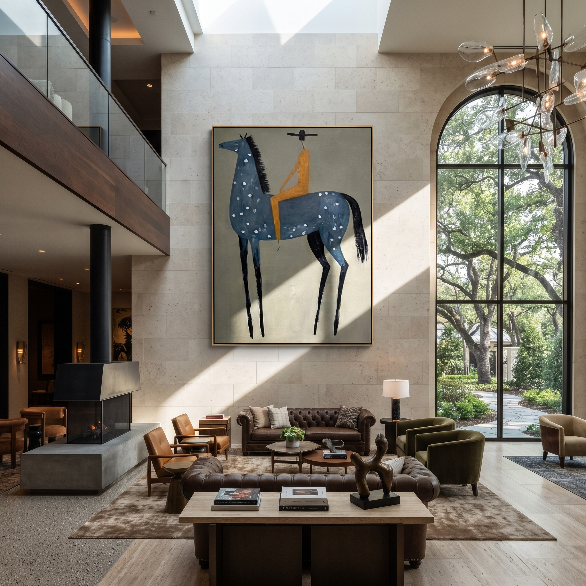 Blue Dapples Carry Gold - blue spotted horse rider painting by Isabelle Laurent, modern Western vertical wall art – styled room scene view 1