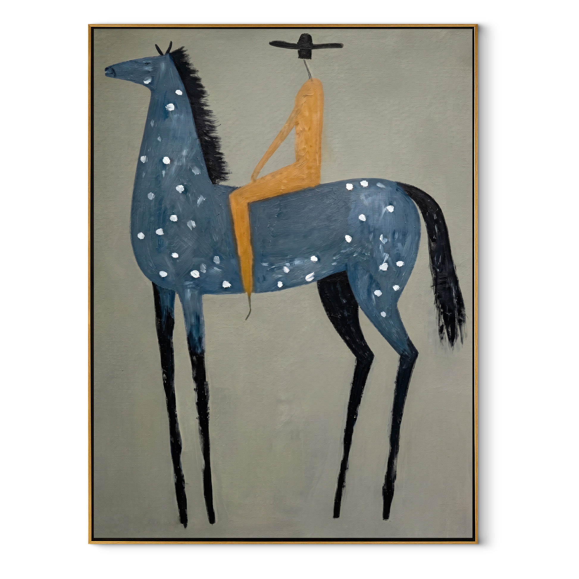 Blue Dapples Carry Gold - blue spotted horse rider painting by Isabelle Laurent, modern Western vertical wall art – wood frame on white background