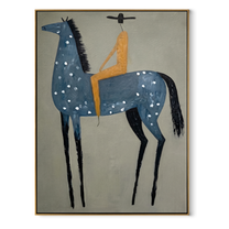 Blue Dapples Carry Gold - blue spotted horse rider painting by Isabelle Laurent, modern Western vertical wall art – wood frame on white background