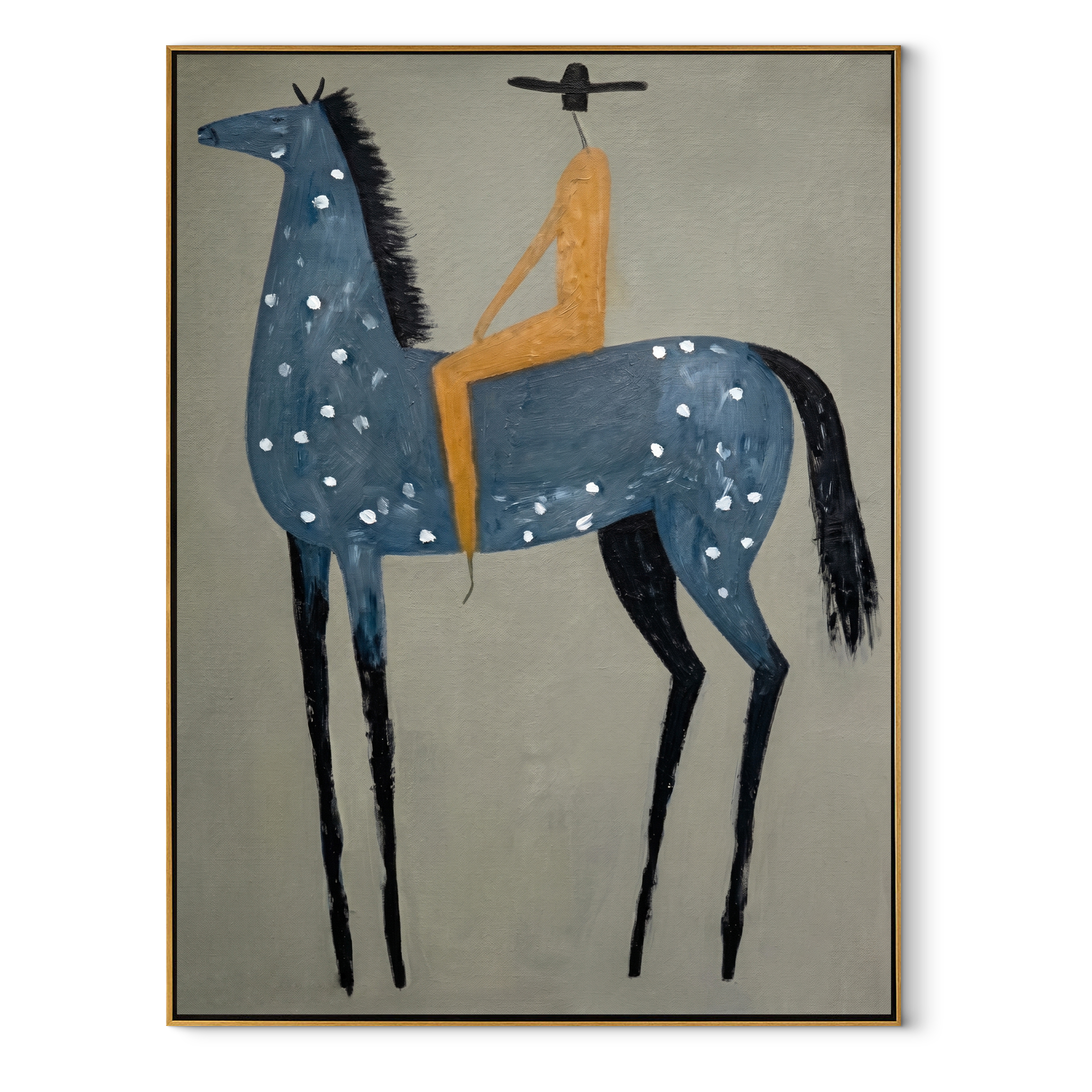 Blue Dapples Carry Gold - blue spotted horse rider painting by Isabelle Laurent, modern Western vertical wall art – wood frame on white background