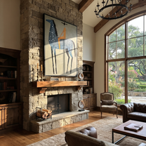 Blue Dapples Carry Gold - blue spotted horse rider painting by Isabelle Laurent, modern Western vertical wall art – styled room scene view 2