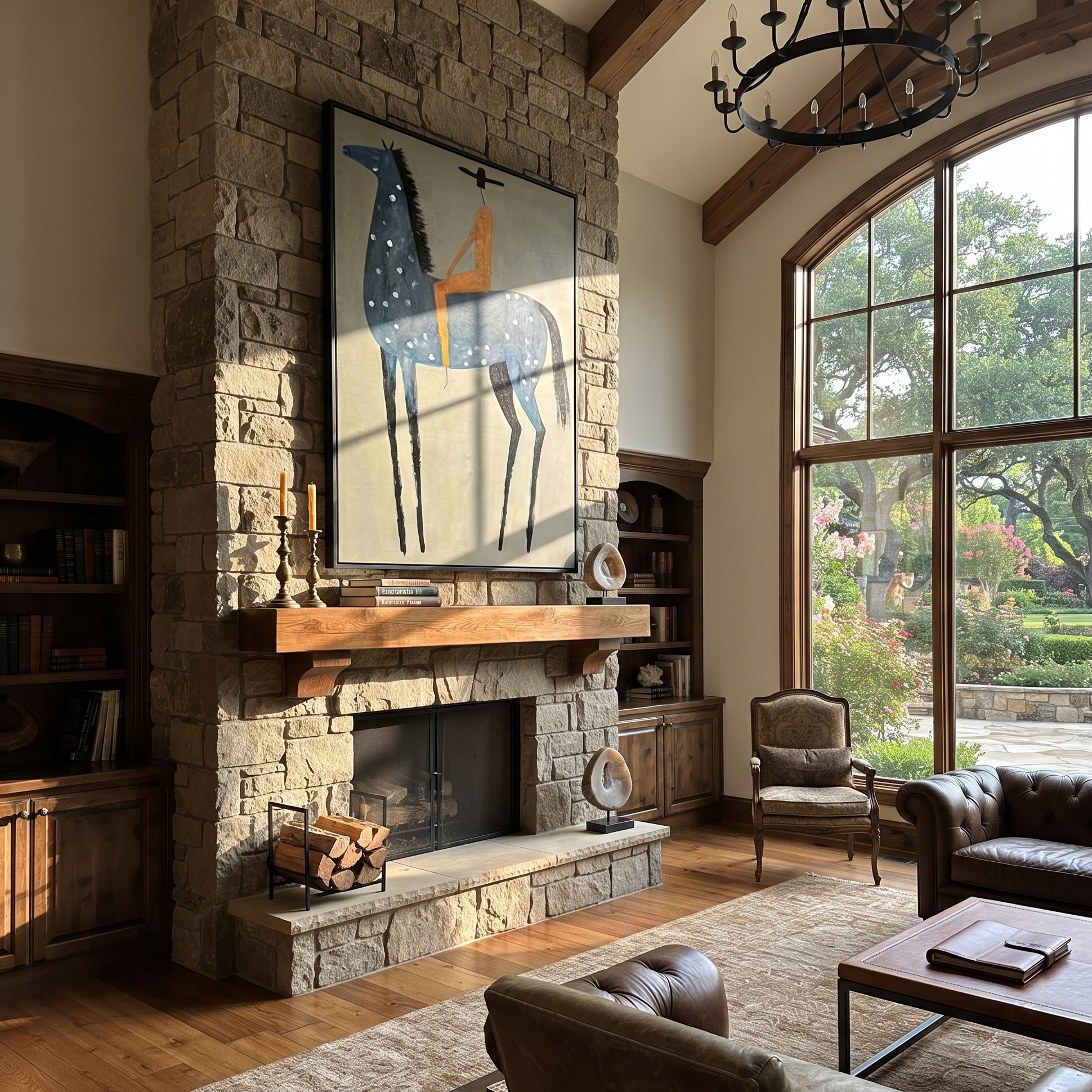 Blue Dapples Carry Gold - blue spotted horse rider painting by Isabelle Laurent, modern Western vertical wall art – styled room scene view 2
