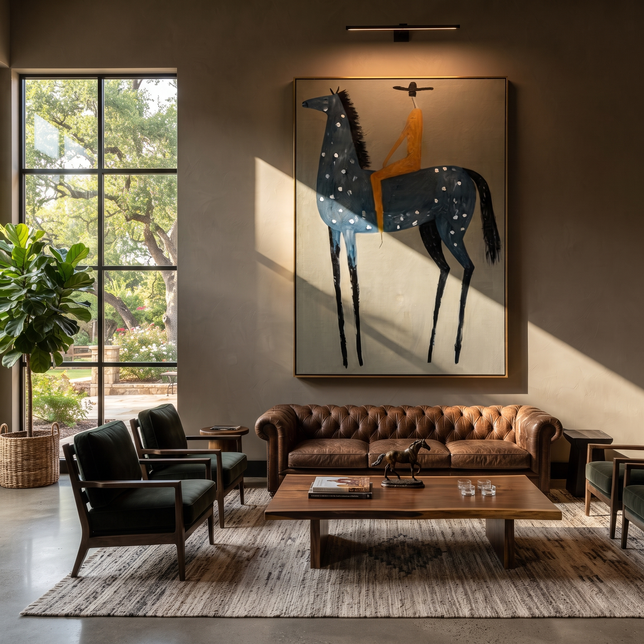 Blue Dapples Carry Gold - blue spotted horse rider painting by Isabelle Laurent, modern Western vertical wall art – styled room scene view 3