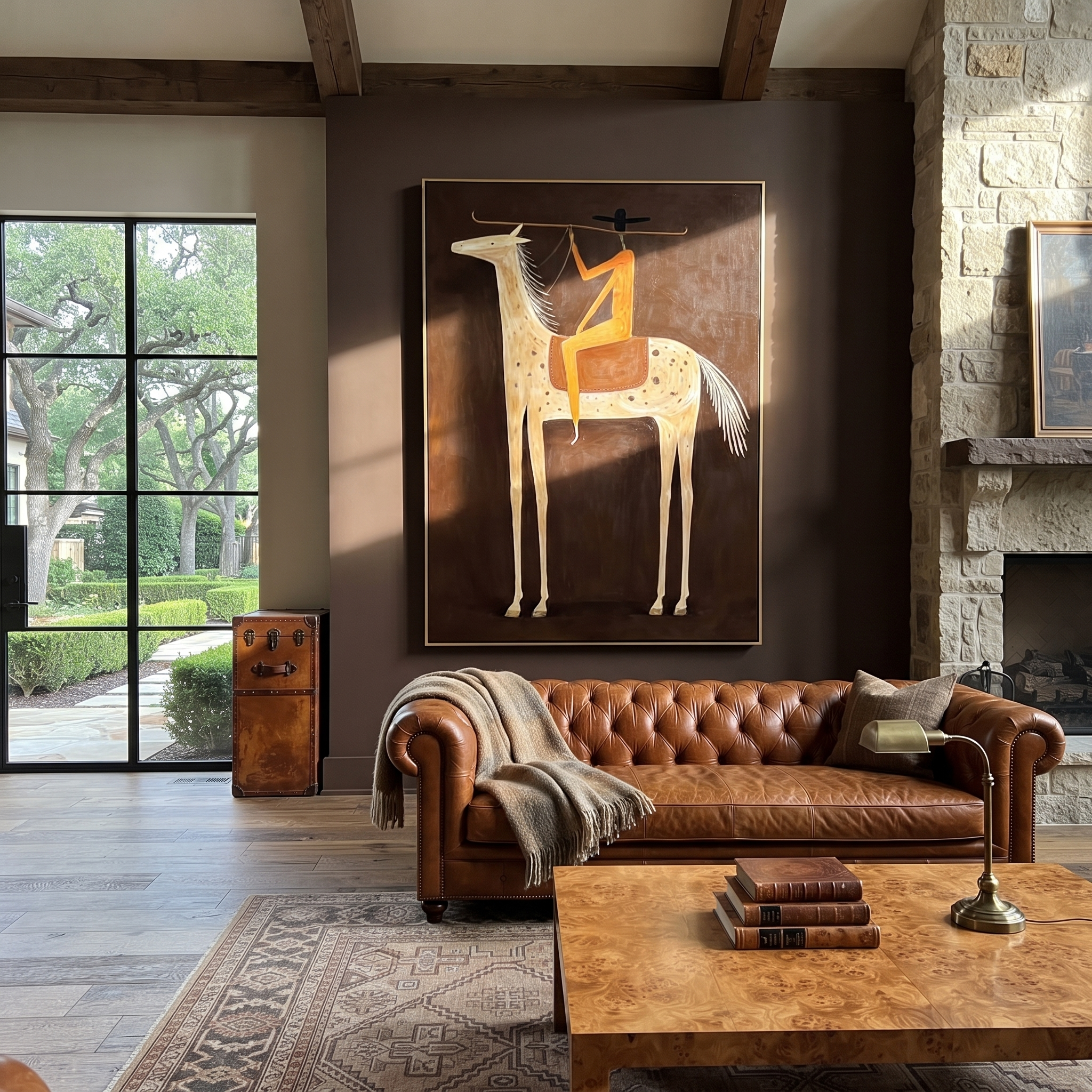 Long Rein Frames Ivory - spotted horse rider painting by Isabelle Laurent, modern Western vertical wall art – styled room scene view 1
