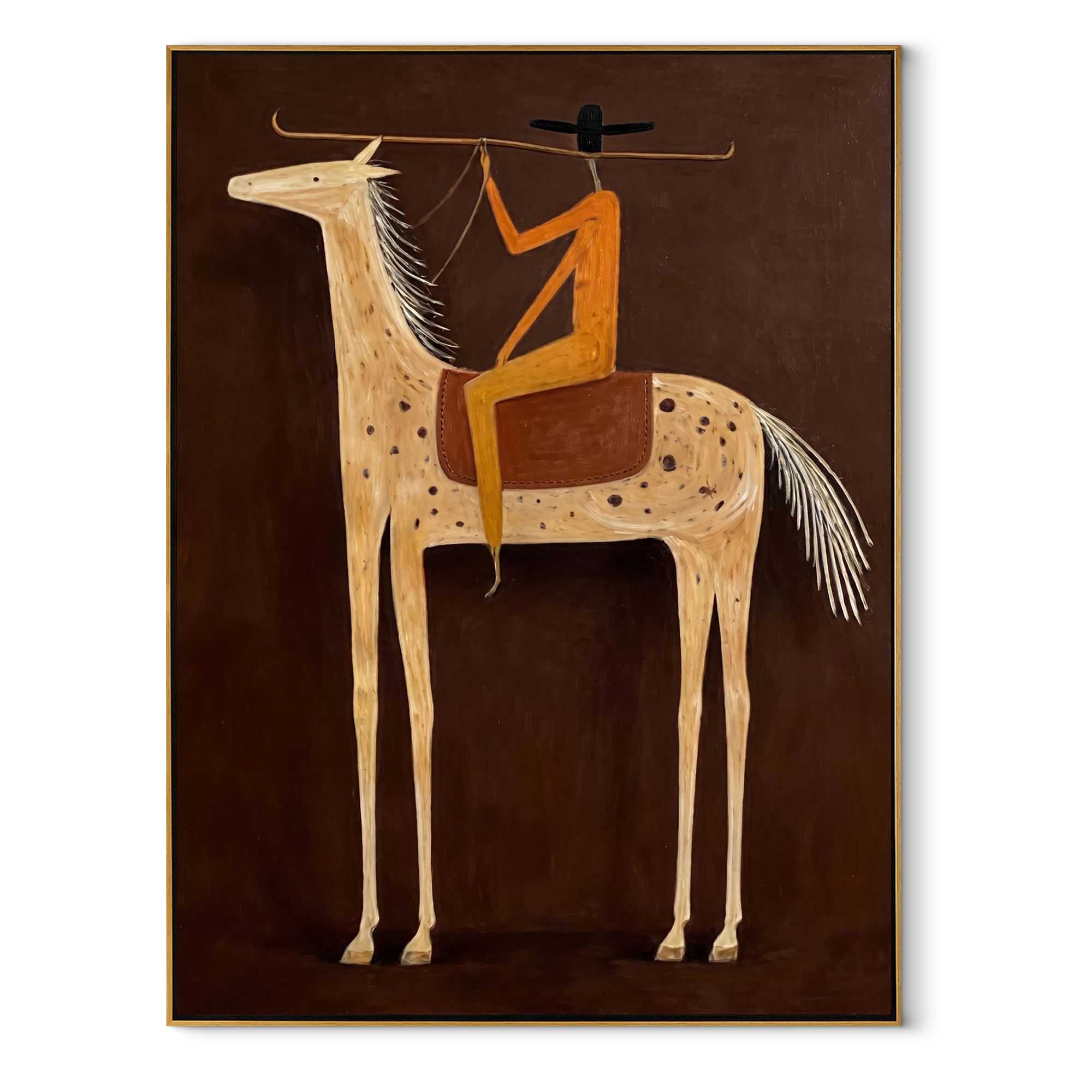 Long Rein Frames Ivory - spotted horse rider painting by Isabelle Laurent, modern Western vertical wall art – wood frame on white background
