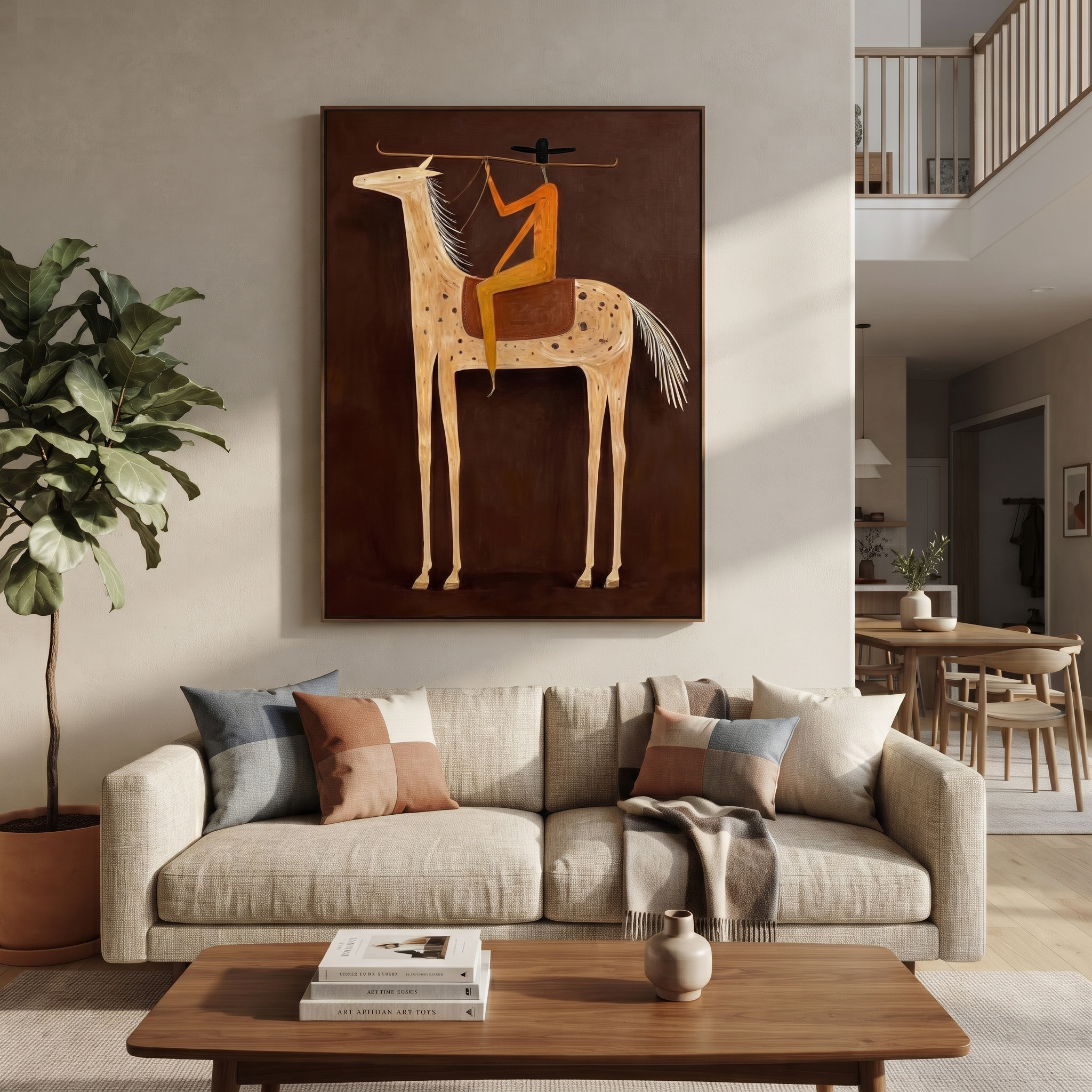 Long Rein Frames Ivory - spotted horse rider painting by Isabelle Laurent, modern Western vertical wall art – styled room scene view 2