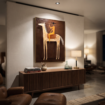 Long Rein Frames Ivory - spotted horse rider painting by Isabelle Laurent, modern Western vertical wall art – styled room scene view 3