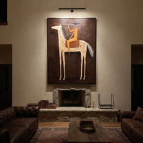 Long Rein Frames Ivory - spotted horse rider painting by Isabelle Laurent, modern Western vertical wall art – styled room scene view 4