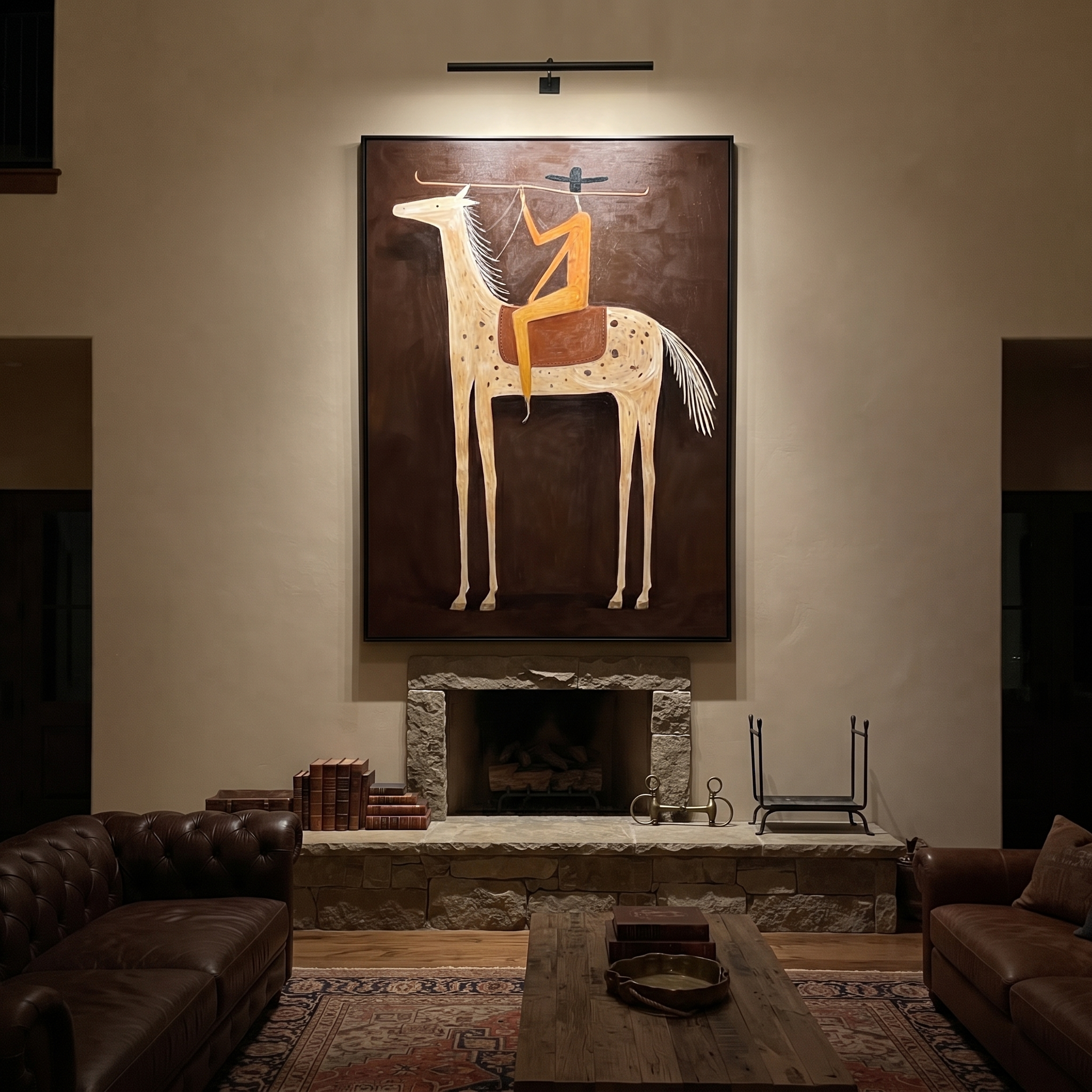 Long Rein Frames Ivory - spotted horse rider painting by Isabelle Laurent, modern Western vertical wall art – styled room scene view 4