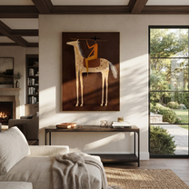 Long Rein Frames Ivory - spotted horse rider painting by Isabelle Laurent, modern Western vertical wall art – styled room scene view 5