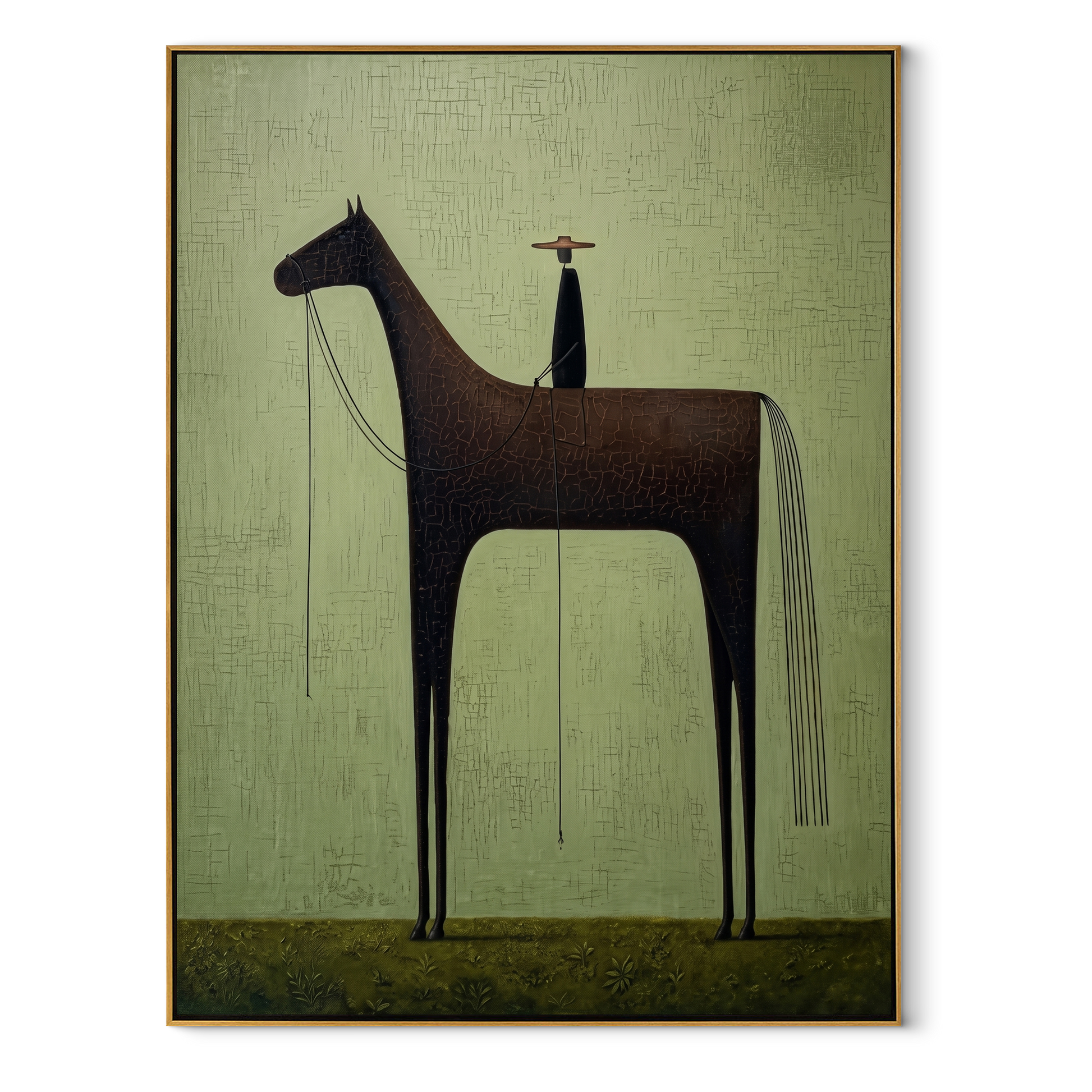 Black Horse Towers Sage - minimal black horse painting by Isabelle Laurent, modern Western vertical wall art – wood frame on white background