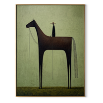 Black Horse Towers Sage - minimal black horse painting by Isabelle Laurent, modern Western vertical wall art – wood frame on white background