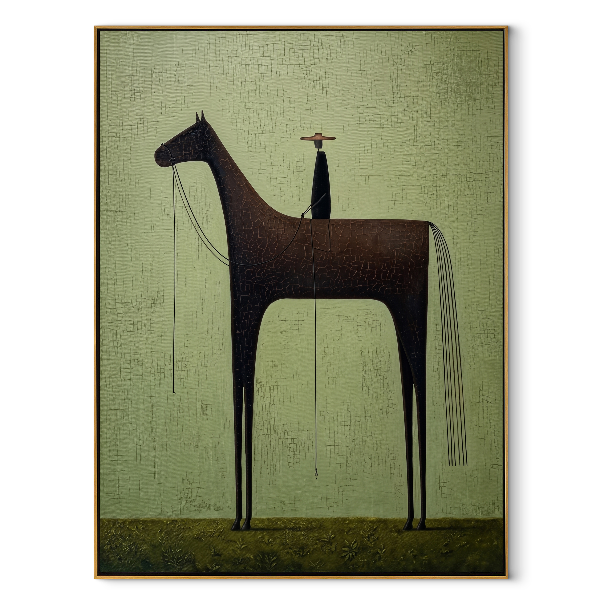 Black Horse Towers Sage - minimal black horse painting by Isabelle Laurent, modern Western vertical wall art – wood frame on white background