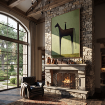 Black Horse Towers Sage - minimal black horse painting by Isabelle Laurent, modern Western vertical wall art – styled room scene view 2