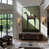 Black Horse Towers Sage - minimal black horse painting by Isabelle Laurent, modern Western vertical wall art – styled room scene view 3