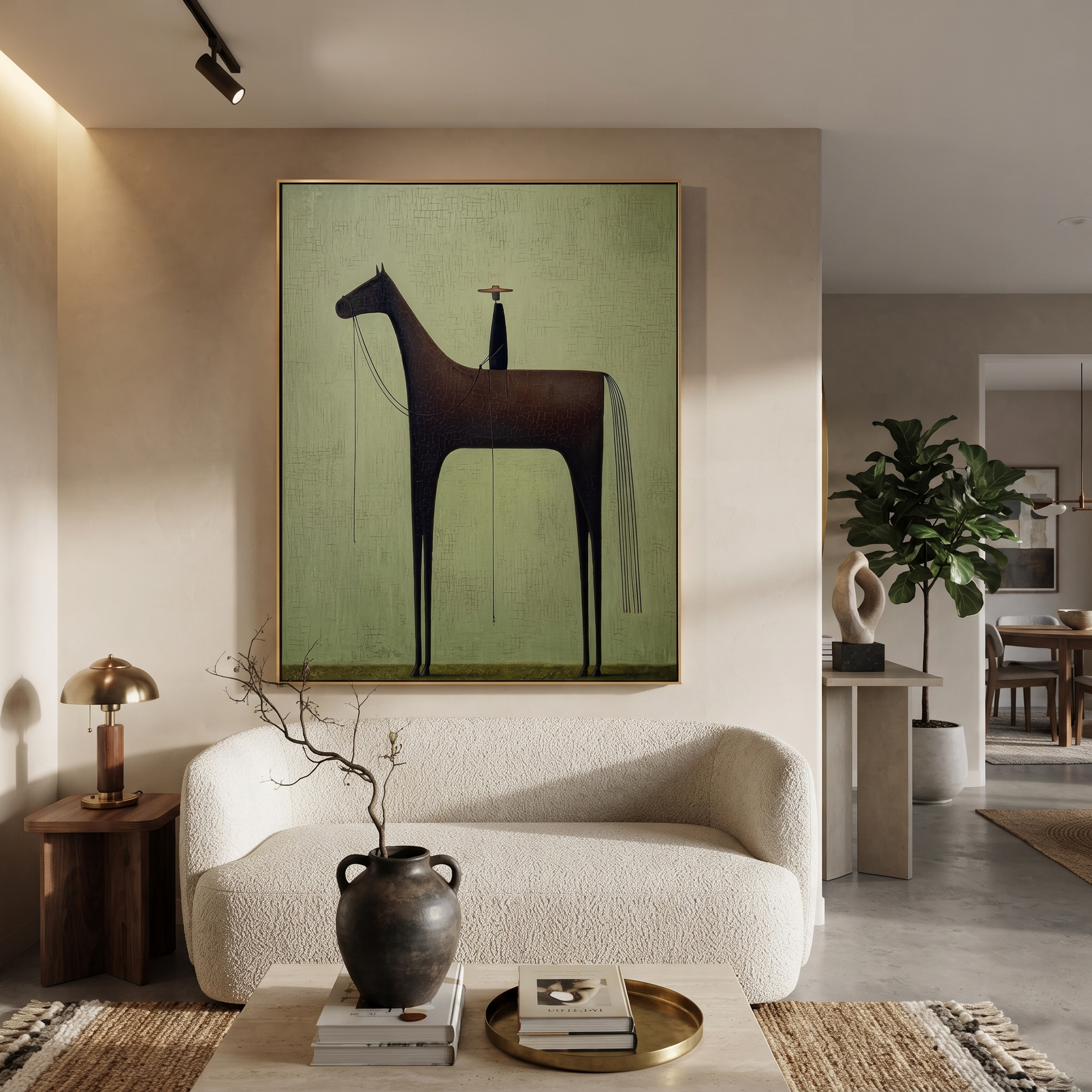 Black Horse Towers Sage - minimal black horse painting by Isabelle Laurent, modern Western vertical wall art – styled room scene view 4