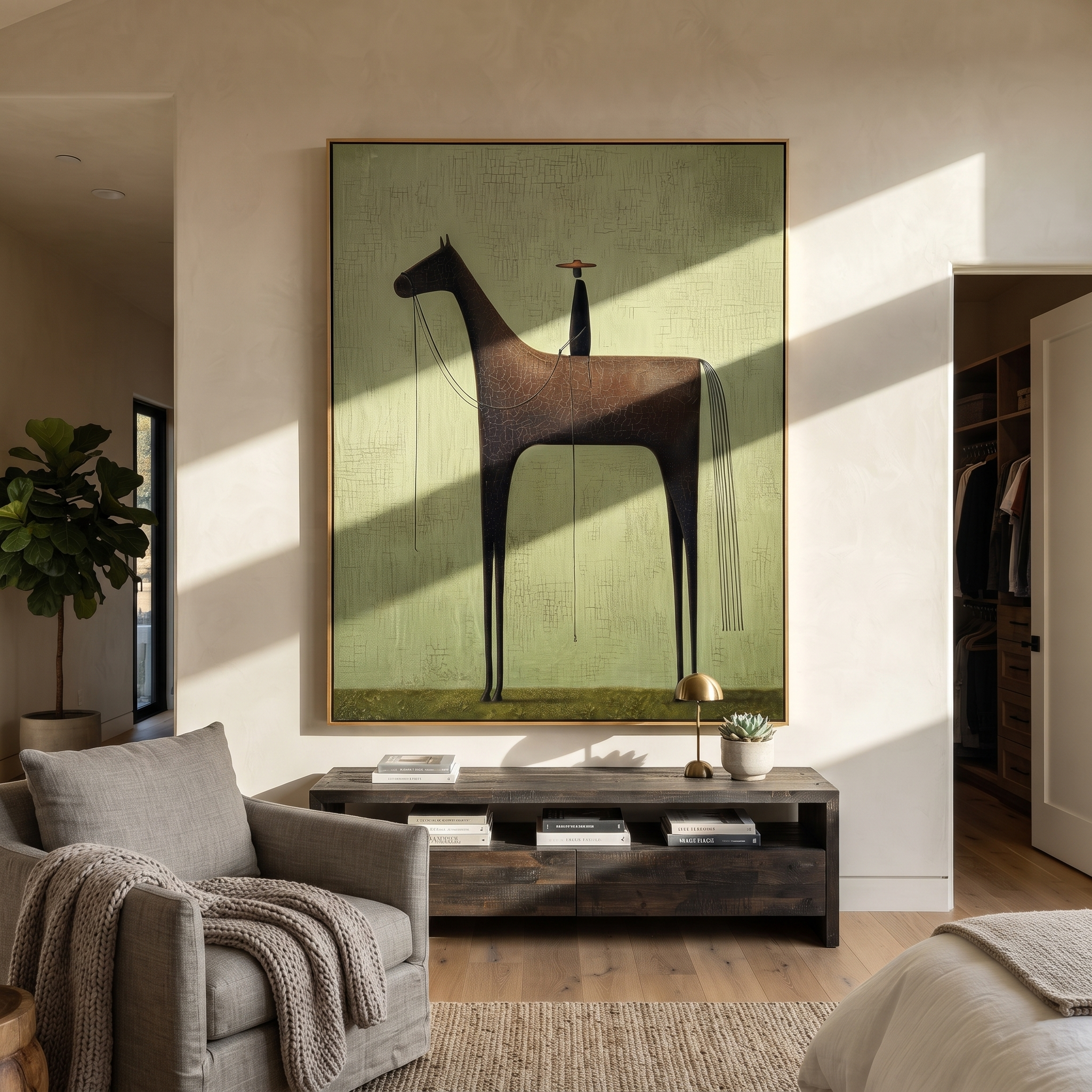 Black Horse Towers Sage - minimal black horse painting by Isabelle Laurent, modern Western vertical wall art – styled room scene view 5