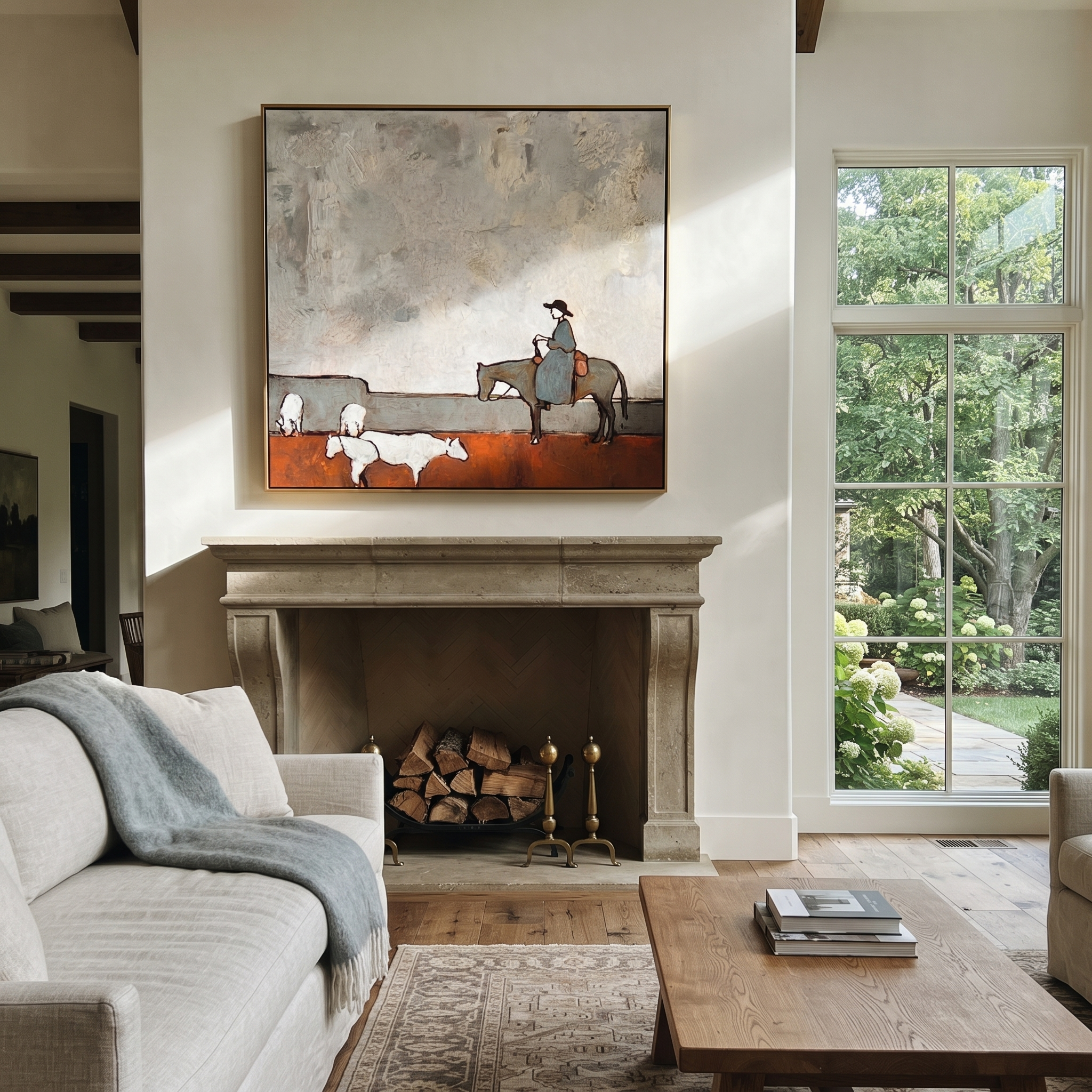Sheep Cross Rust Pasture - horse rider and sheep painting by Isabelle Laurent, modern Western square wall art – styled room scene view 1