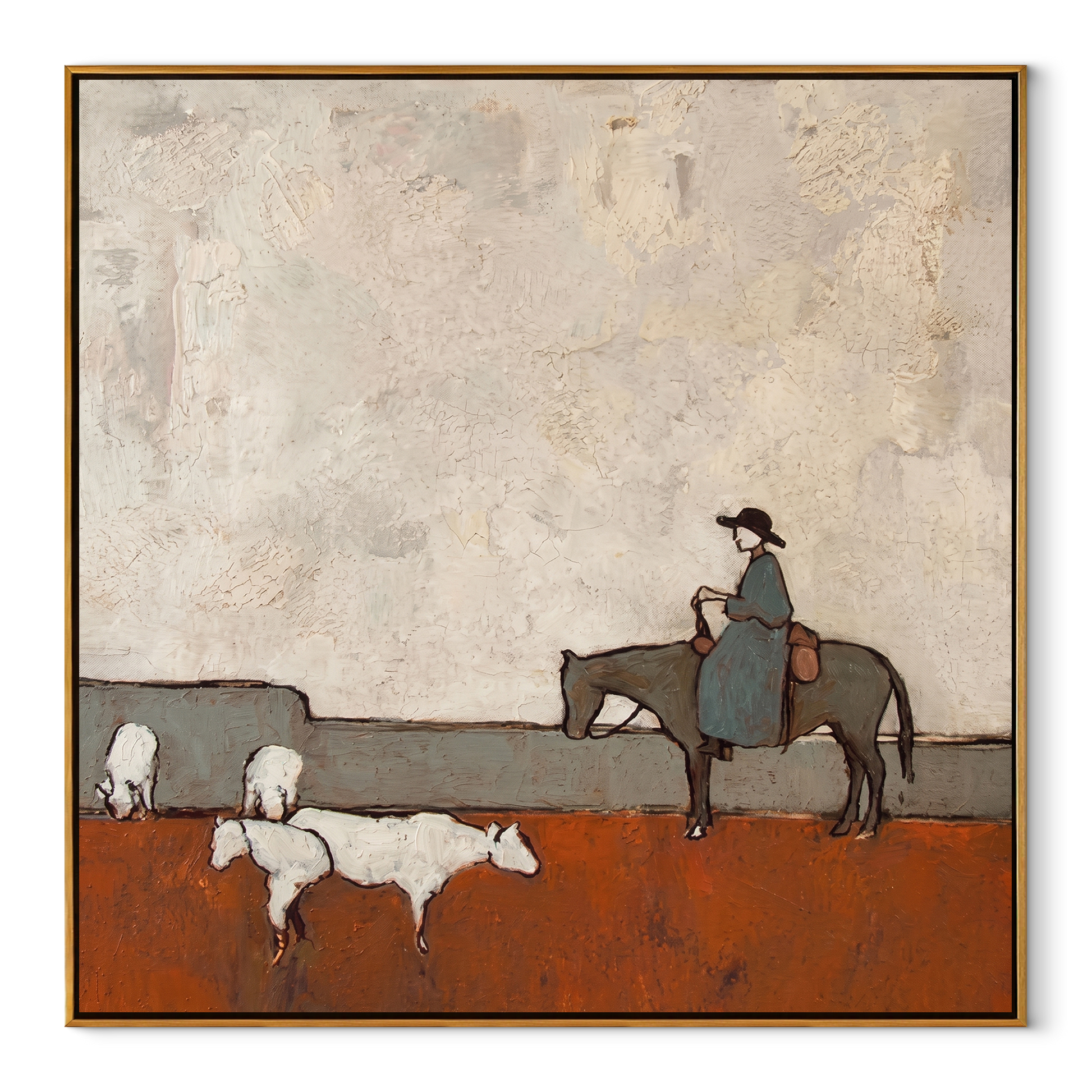 Sheep Cross Rust Pasture - horse rider and sheep painting by Isabelle Laurent, modern Western square wall art – wood frame on white background