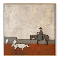 Sheep Cross Rust Pasture - horse rider and sheep painting by Isabelle Laurent, modern Western square wall art – wood frame on white background