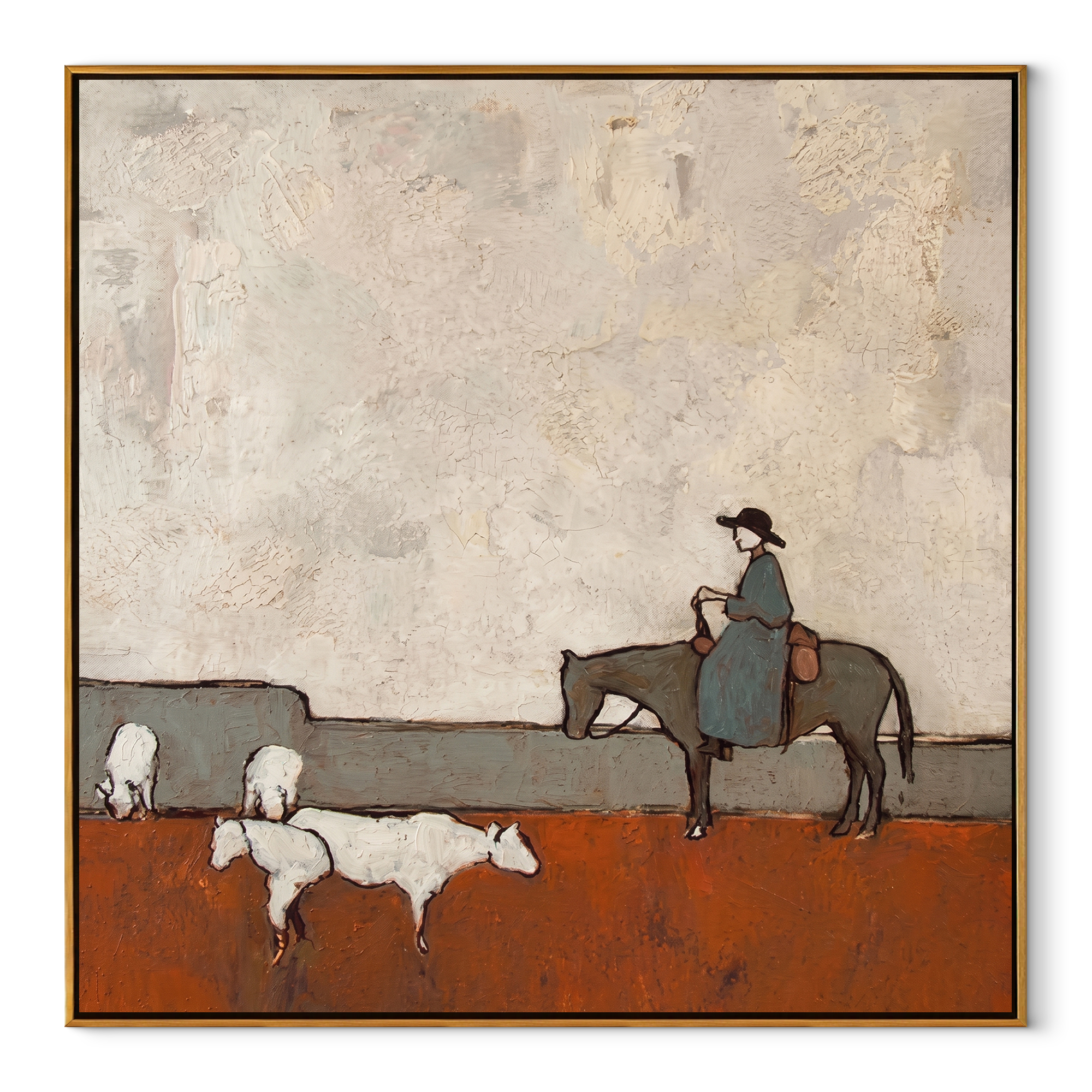Sheep Cross Rust Pasture - horse rider and sheep painting by Isabelle Laurent, modern Western square wall art – wood frame on white background