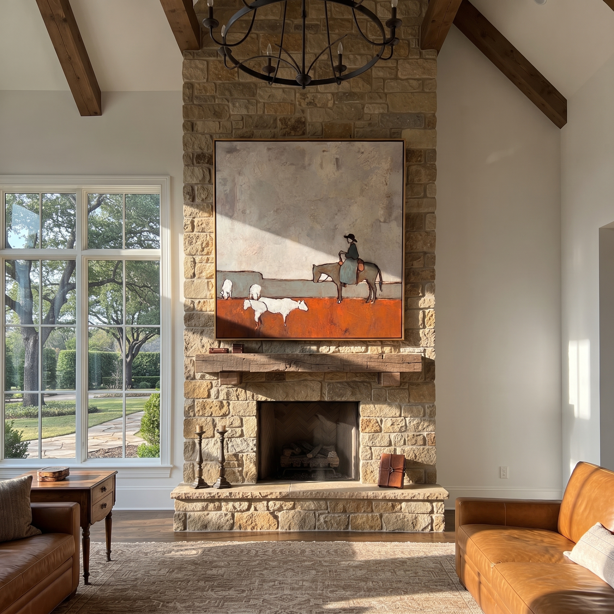 Sheep Cross Rust Pasture - horse rider and sheep painting by Isabelle Laurent, modern Western square wall art – styled room scene view 2
