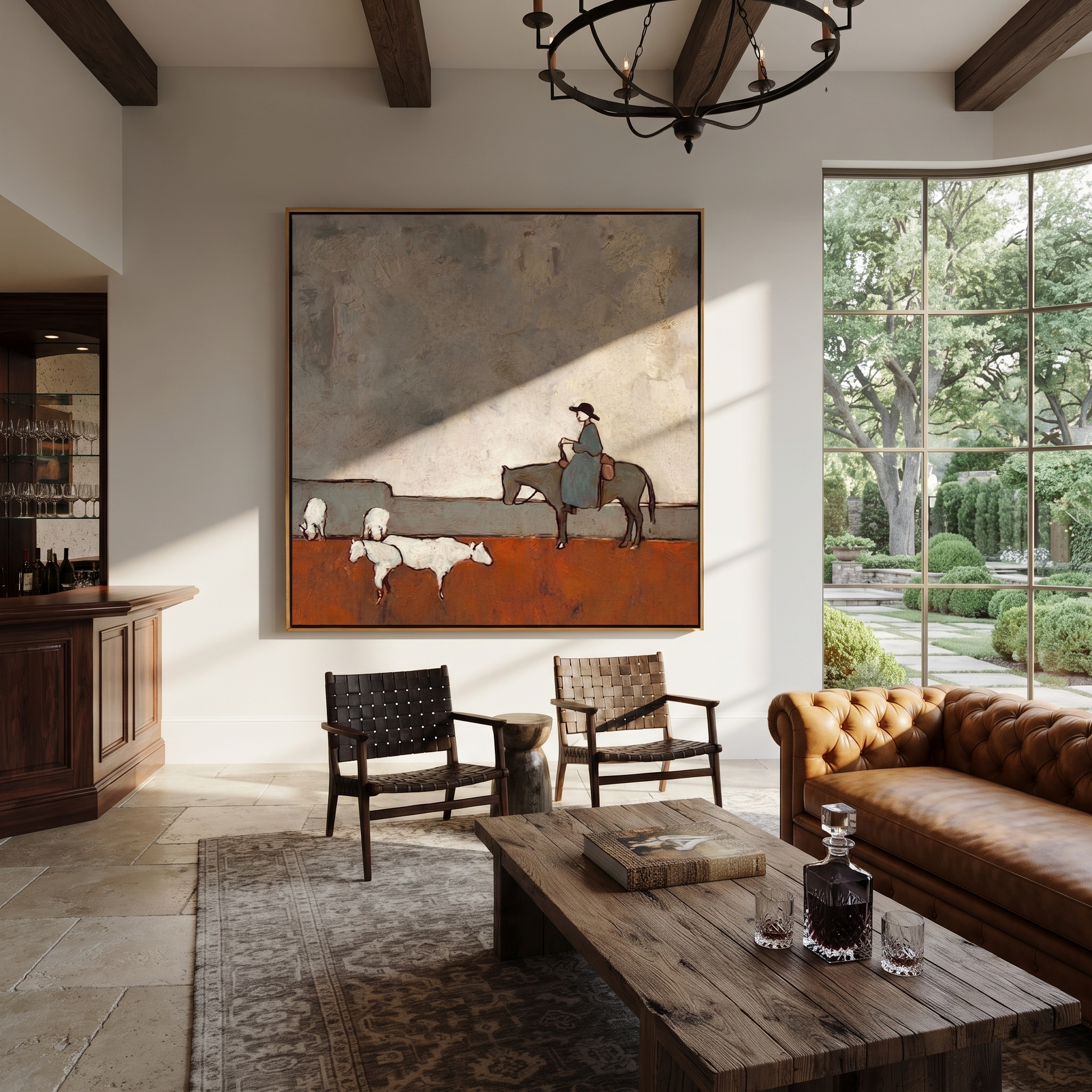 Sheep Cross Rust Pasture - horse rider and sheep painting by Isabelle Laurent, modern Western square wall art – styled room scene view 3
