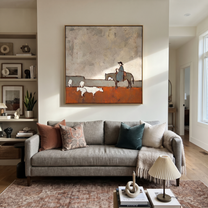 Sheep Cross Rust Pasture - horse rider and sheep painting by Isabelle Laurent, modern Western square wall art – styled room scene view 4