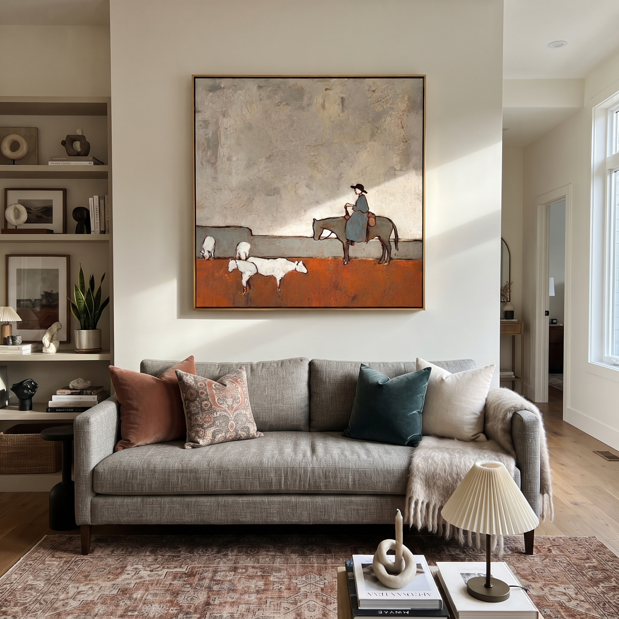 Sheep Cross Rust Pasture - horse rider and sheep painting by Isabelle Laurent, modern Western square wall art – styled room scene view 4