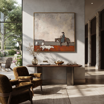 Sheep Cross Rust Pasture - horse rider and sheep painting by Isabelle Laurent, modern Western square wall art – styled room scene view 5