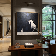 White Horse Rises Night - running white horse painting by Isabelle Laurent, modern Western square wall art – styled room scene view 1