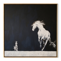 White Horse Rises Night - running white horse painting by Isabelle Laurent, modern Western square wall art – wood frame on white background