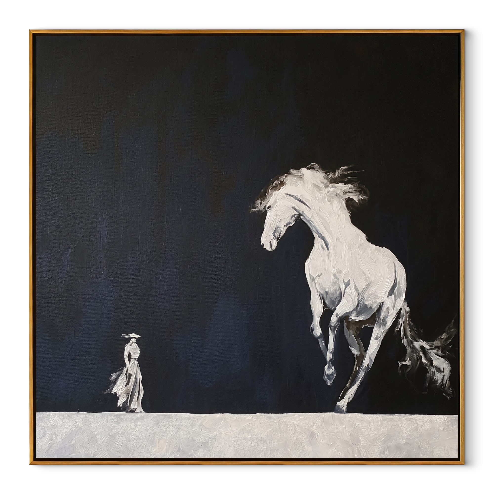 White Horse Rises Night - running white horse painting by Isabelle Laurent, modern Western square wall art – wood frame on white background